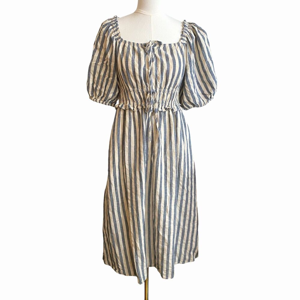 Universal Thread Linen Cotton Striped Midi Dress S Navy Cream Puffed Sleeves
